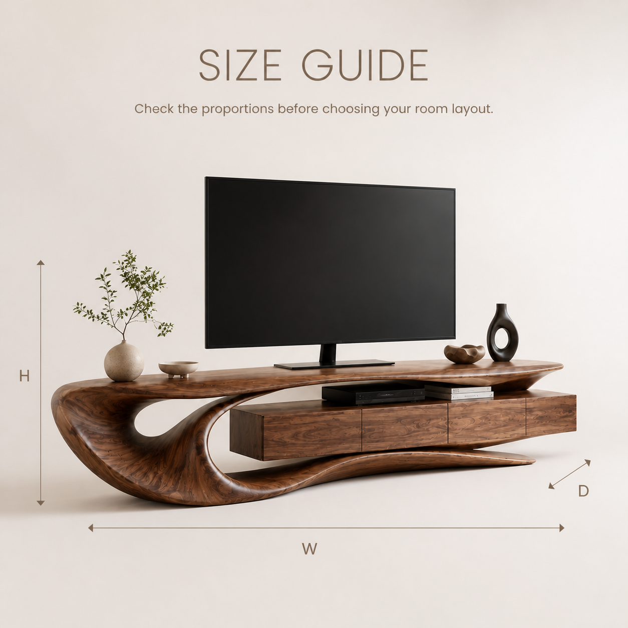 Arden Sculptural Solid Wood TV Stand - Design 002 - TV stand detail and styling view 07