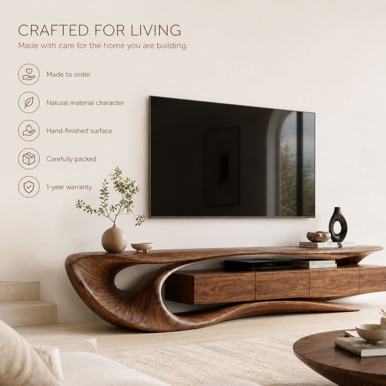 Arden Sculptural Solid Wood TV Stand - Design 002 - TV stand detail and styling view 08