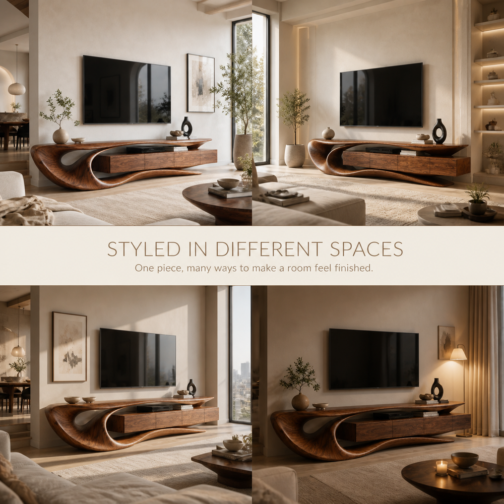 Arden Sculptural Solid Wood TV Stand - Design 002 - TV stand detail and styling view 09