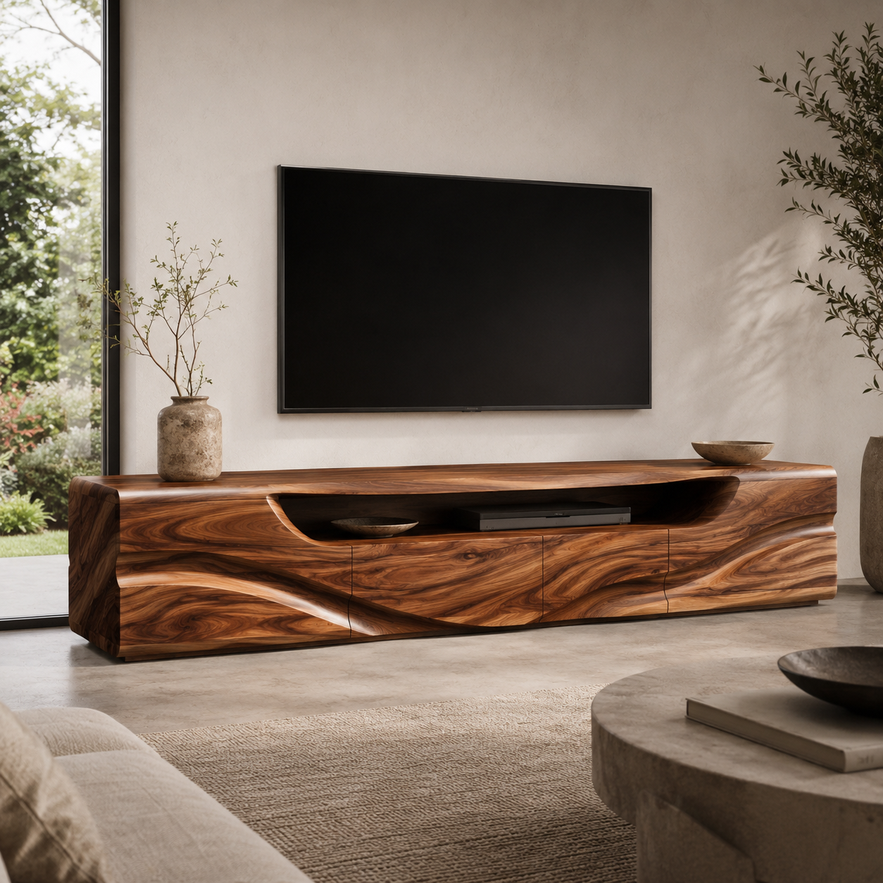 Calista Sculptural Solid Wood TV Stand - Design 003 - premium solid wood TV stand main lifestyle view