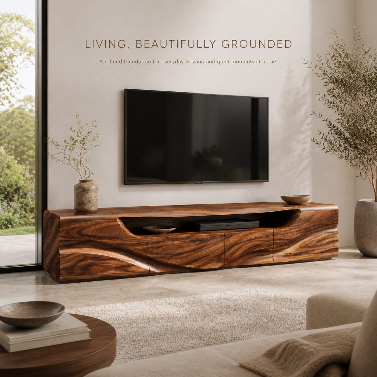 Calista Sculptural Solid Wood TV Stand - Design 003 - TV stand detail and styling view 01