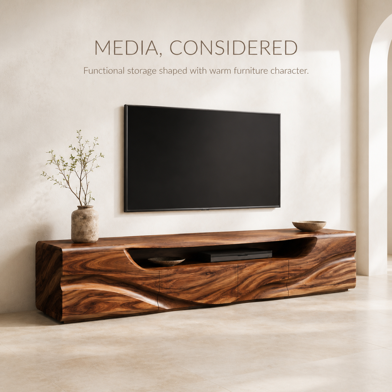 Calista Sculptural Solid Wood TV Stand - Design 003 - TV stand detail and styling view 02