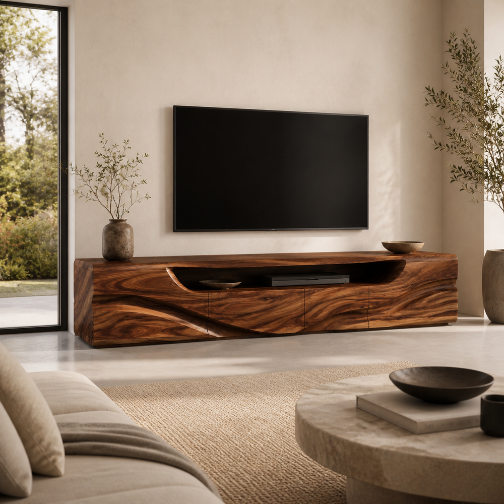 Calista Sculptural Solid Wood TV Stand - Design 003 - TV stand detail and styling view 03