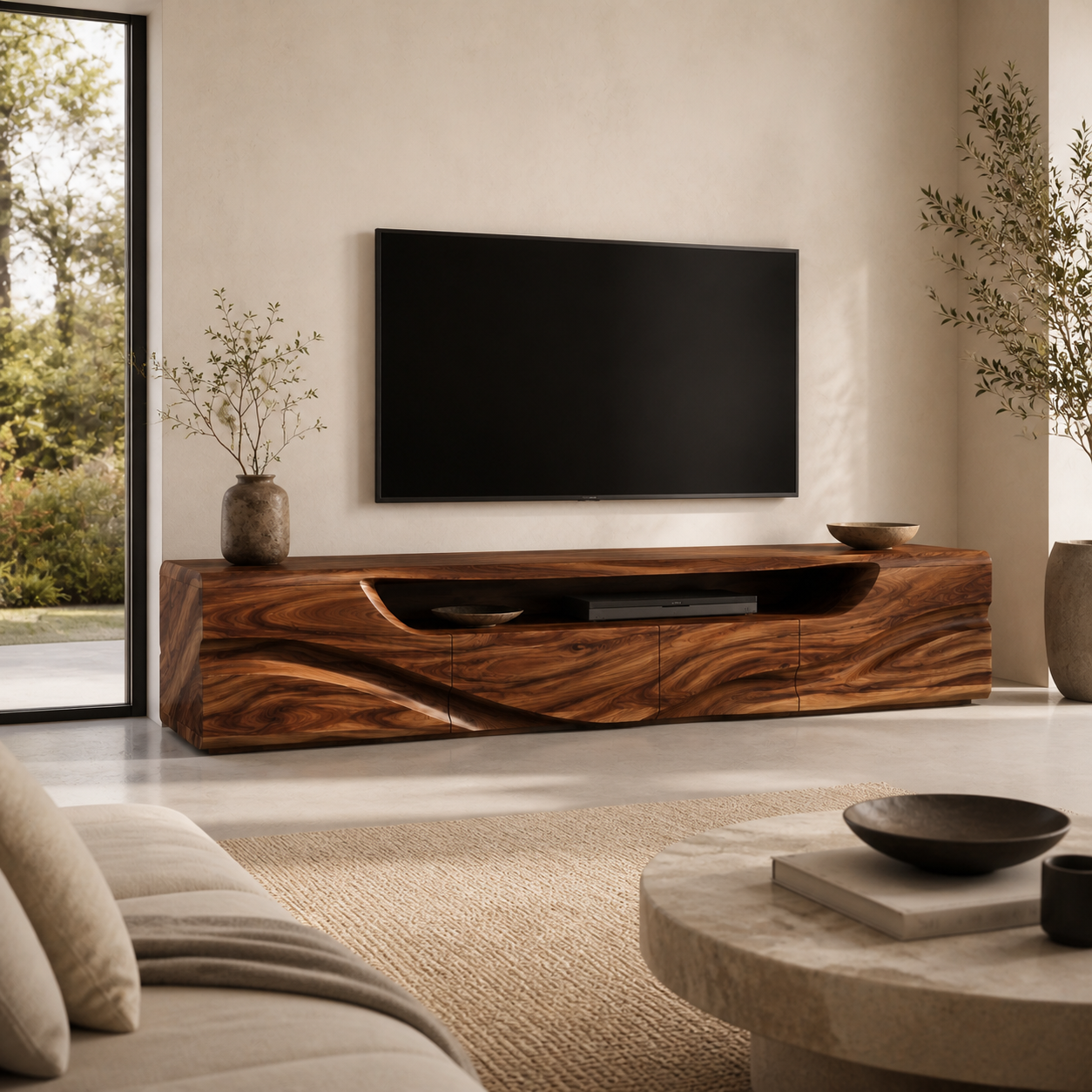 Calista Sculptural Solid Wood TV Stand - Design 003 - TV stand detail and styling view 03