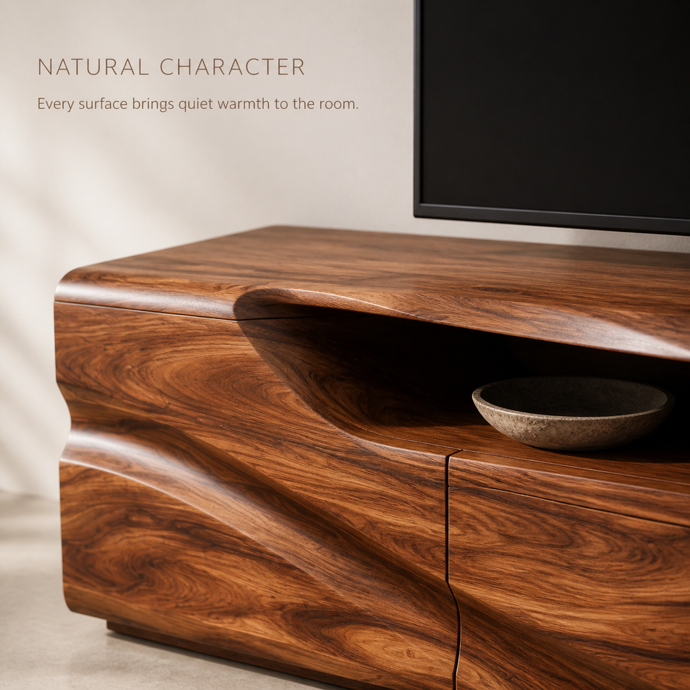 Calista Sculptural Solid Wood TV Stand - Design 003 - TV stand detail and styling view 04