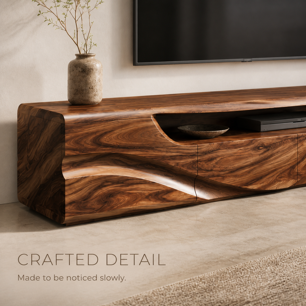 Calista Sculptural Solid Wood TV Stand - Design 003 - TV stand detail and styling view 05