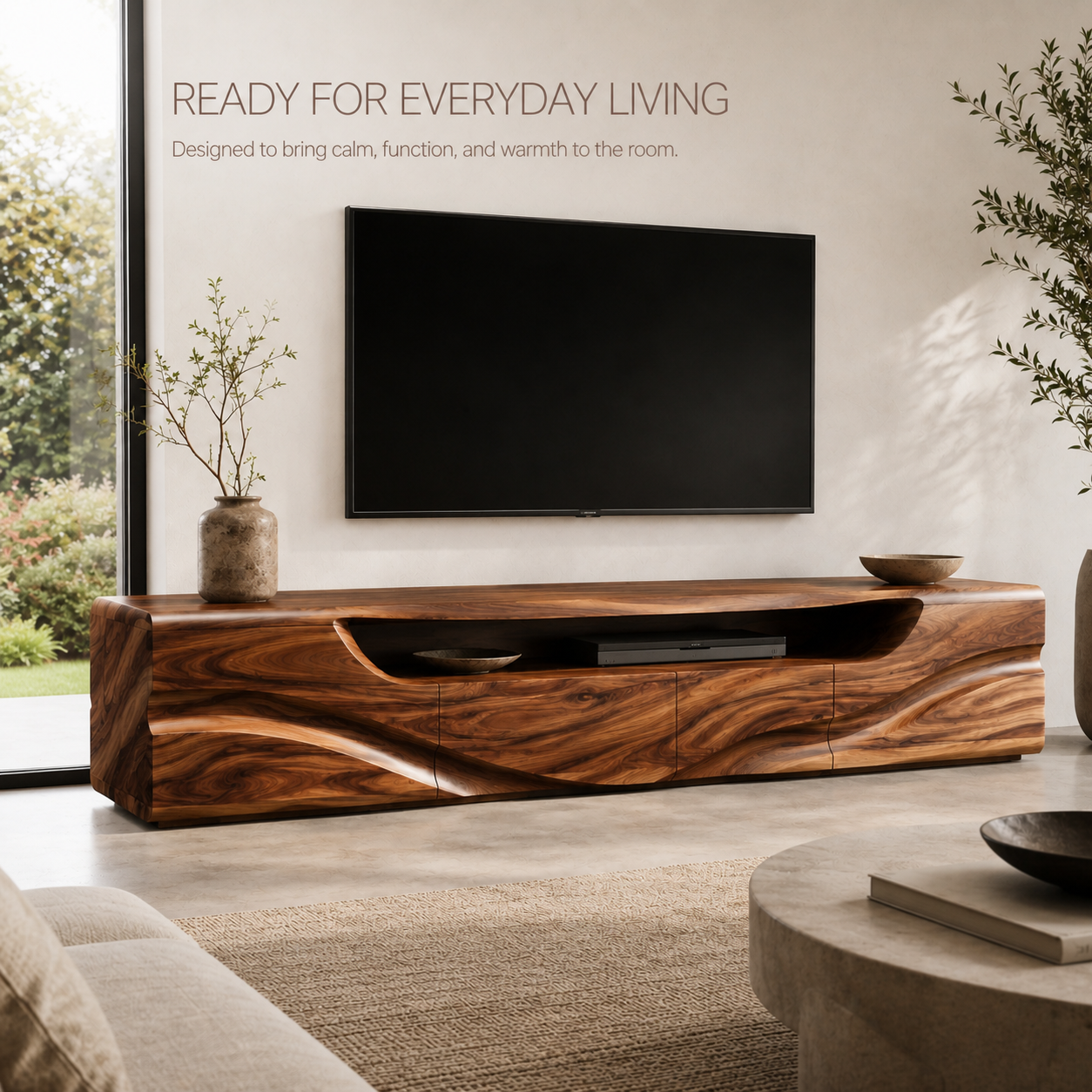 Calista Sculptural Solid Wood TV Stand - Design 003 - TV stand detail and styling view 06