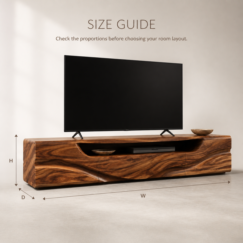 Calista Sculptural Solid Wood TV Stand - Design 003 - TV stand detail and styling view 07