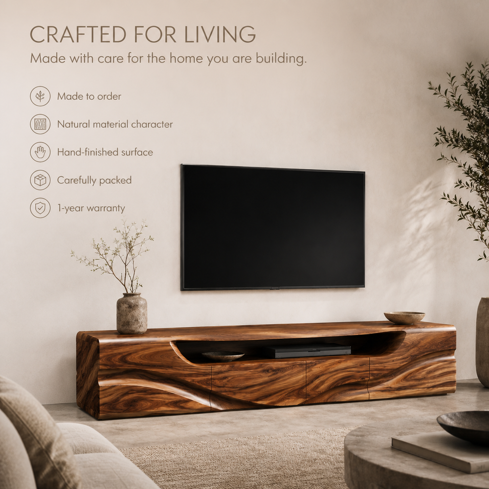 Calista Sculptural Solid Wood TV Stand - Design 003 - TV stand detail and styling view 08