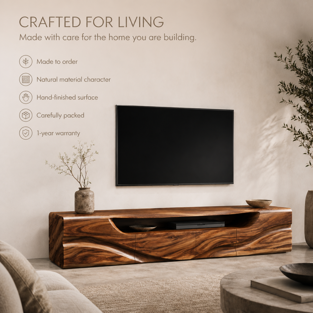 Calista Sculptural Solid Wood TV Stand - Design 003 - TV stand detail and styling view 08