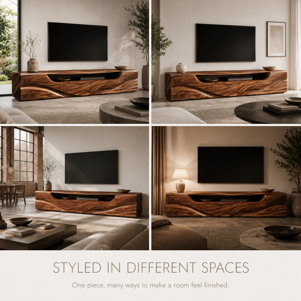 Calista Sculptural Solid Wood TV Stand - Design 003 - TV stand detail and styling view 09