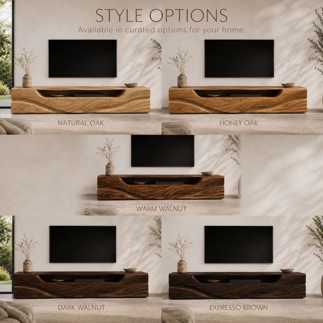Calista Sculptural Solid Wood TV Stand - Design 003 - TV stand detail and styling view 10