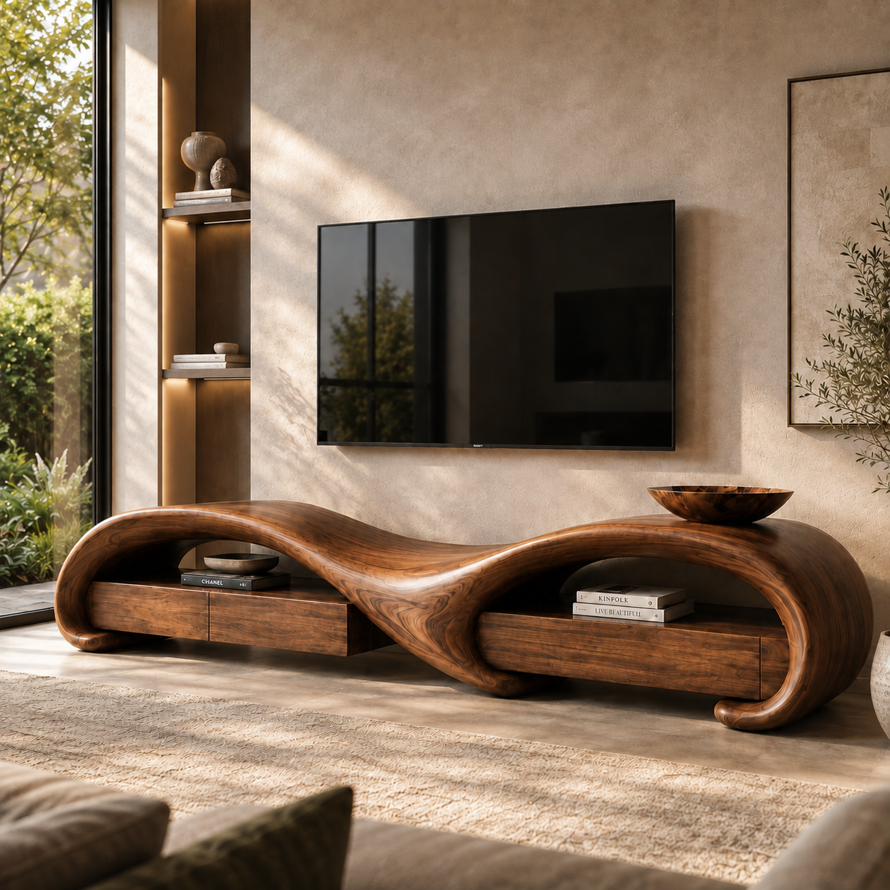 Rowan Sculptural Solid Wood TV Stand - Design 004 - premium solid wood TV stand main lifestyle view