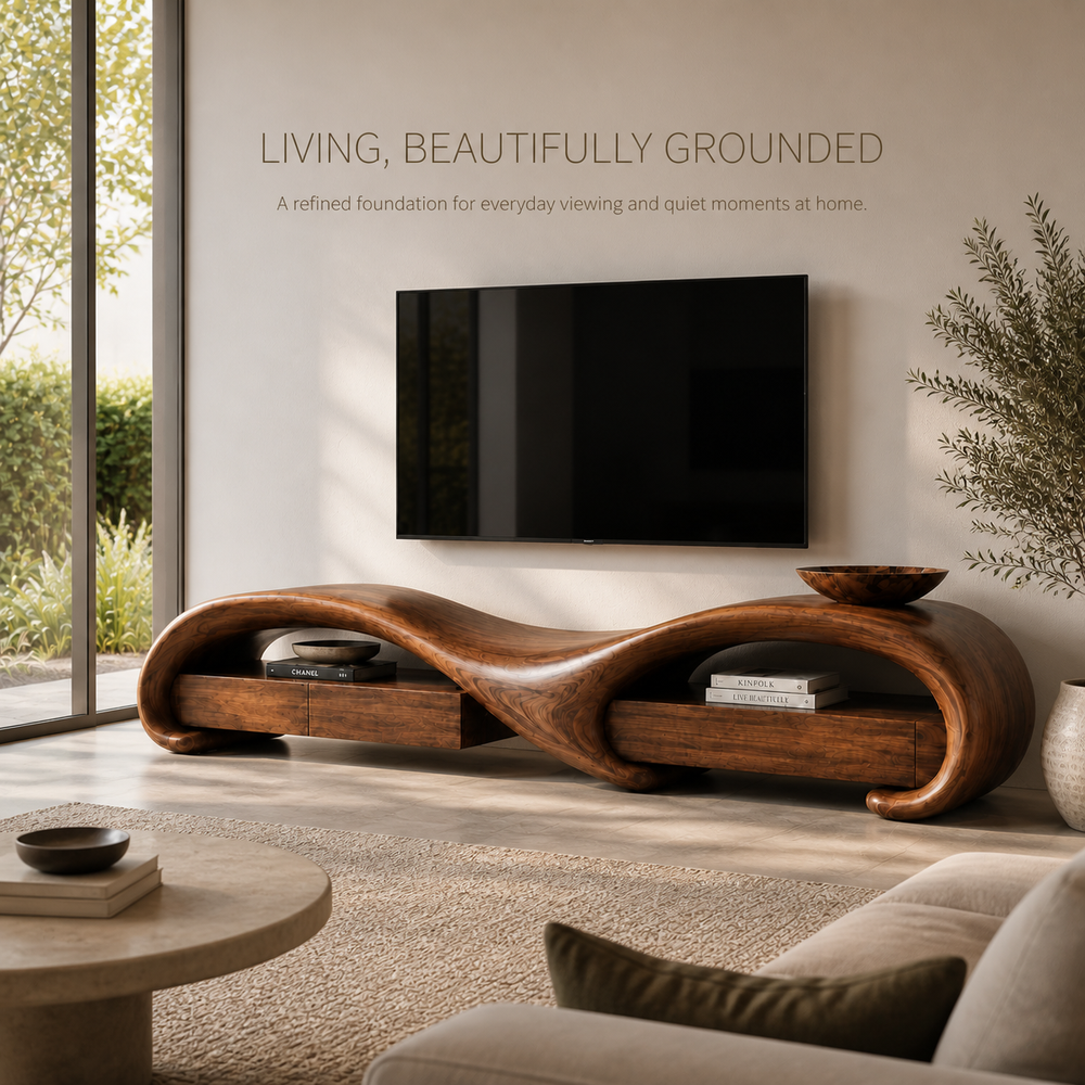 Rowan Sculptural Solid Wood TV Stand - Design 004 - TV stand detail and styling view 01