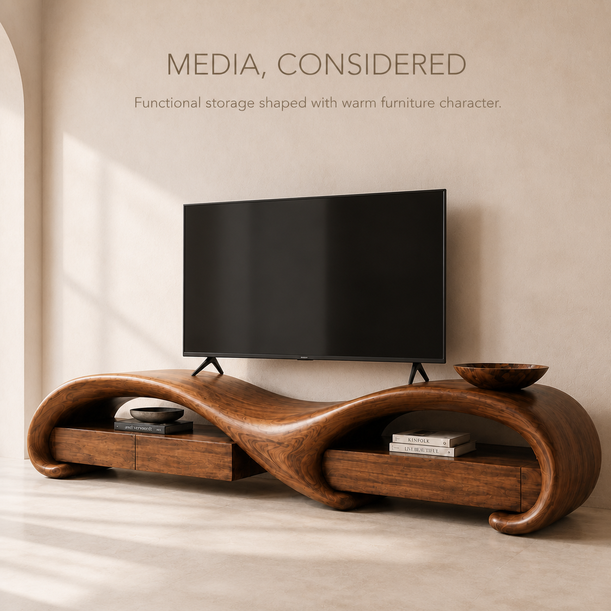 Rowan Sculptural Solid Wood TV Stand - Design 004 - TV stand detail and styling view 02