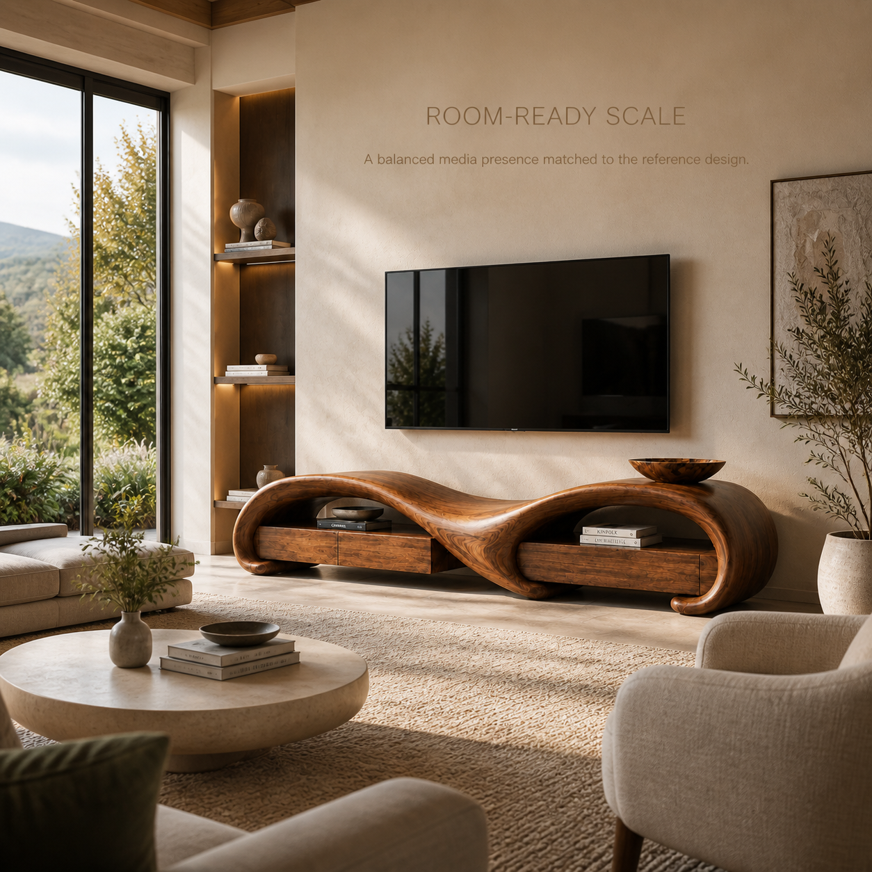 Rowan Sculptural Solid Wood TV Stand - Design 004 - TV stand detail and styling view 03