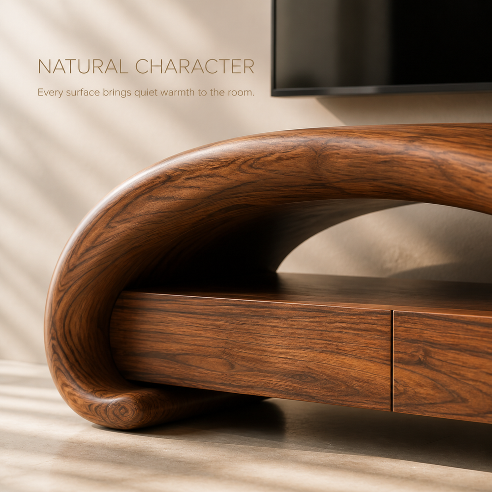 Rowan Sculptural Solid Wood TV Stand - Design 004 - TV stand detail and styling view 04