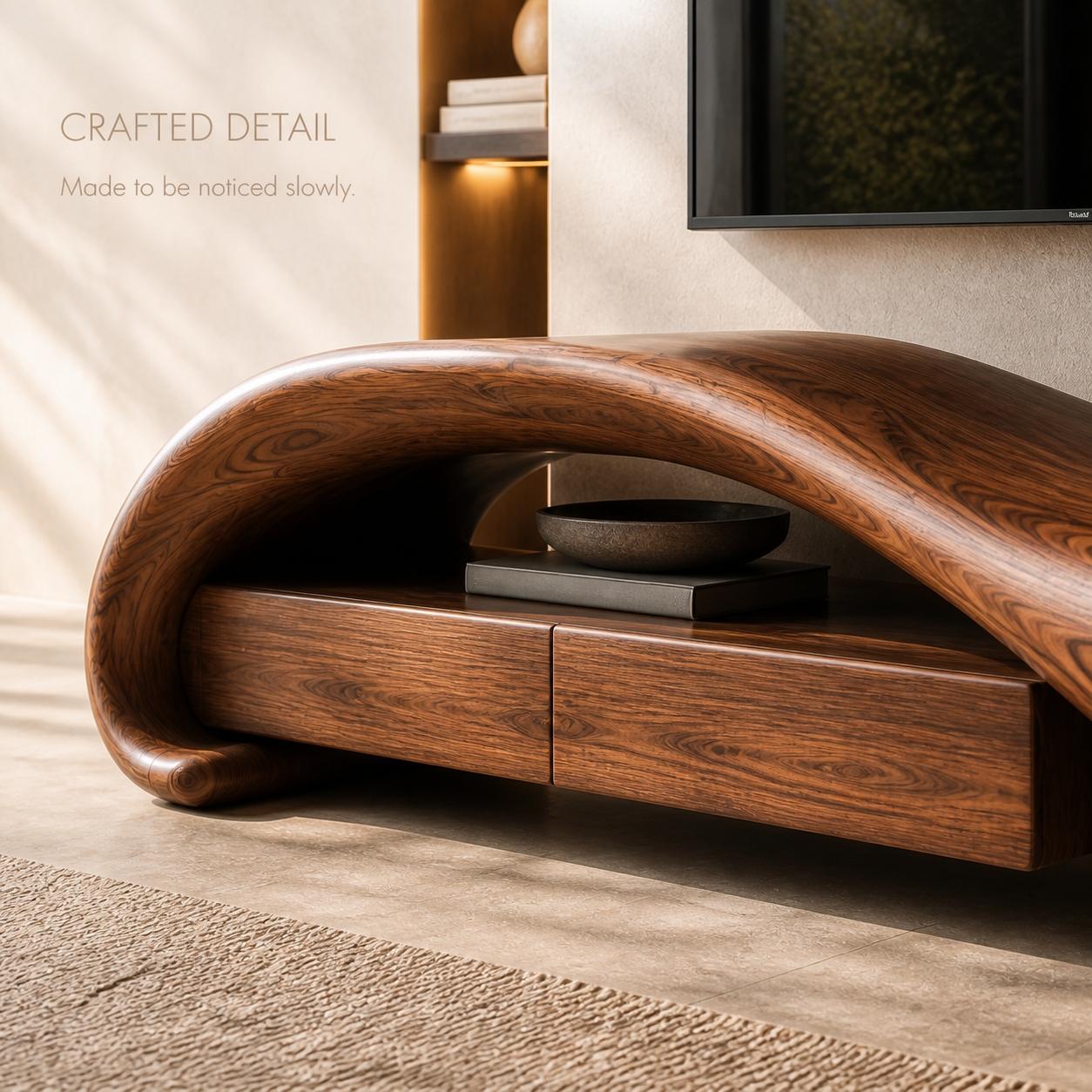 Rowan Sculptural Solid Wood TV Stand - Design 004 - TV stand detail and styling view 05