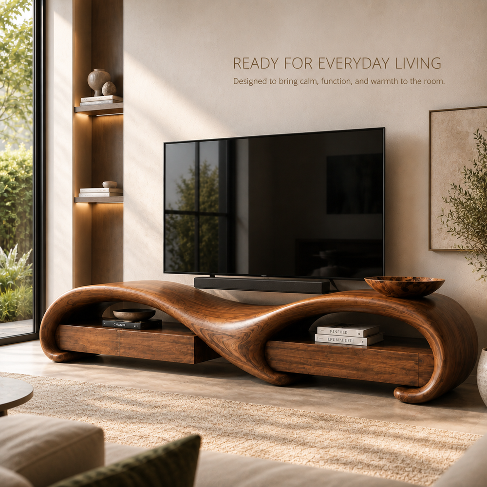Rowan Sculptural Solid Wood TV Stand - Design 004 - TV stand detail and styling view 06