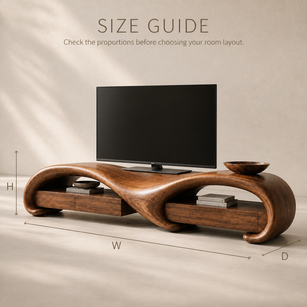 Rowan Sculptural Solid Wood TV Stand - Design 004 - TV stand detail and styling view 07