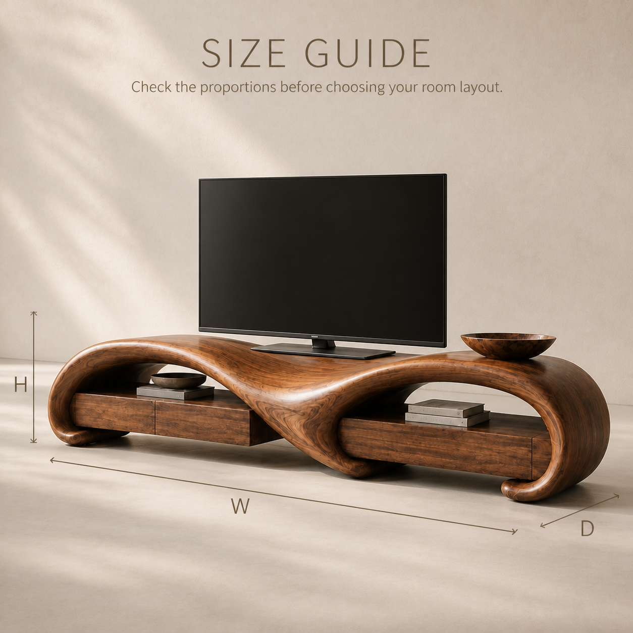 Rowan Sculptural Solid Wood TV Stand - Design 004 - TV stand detail and styling view 07
