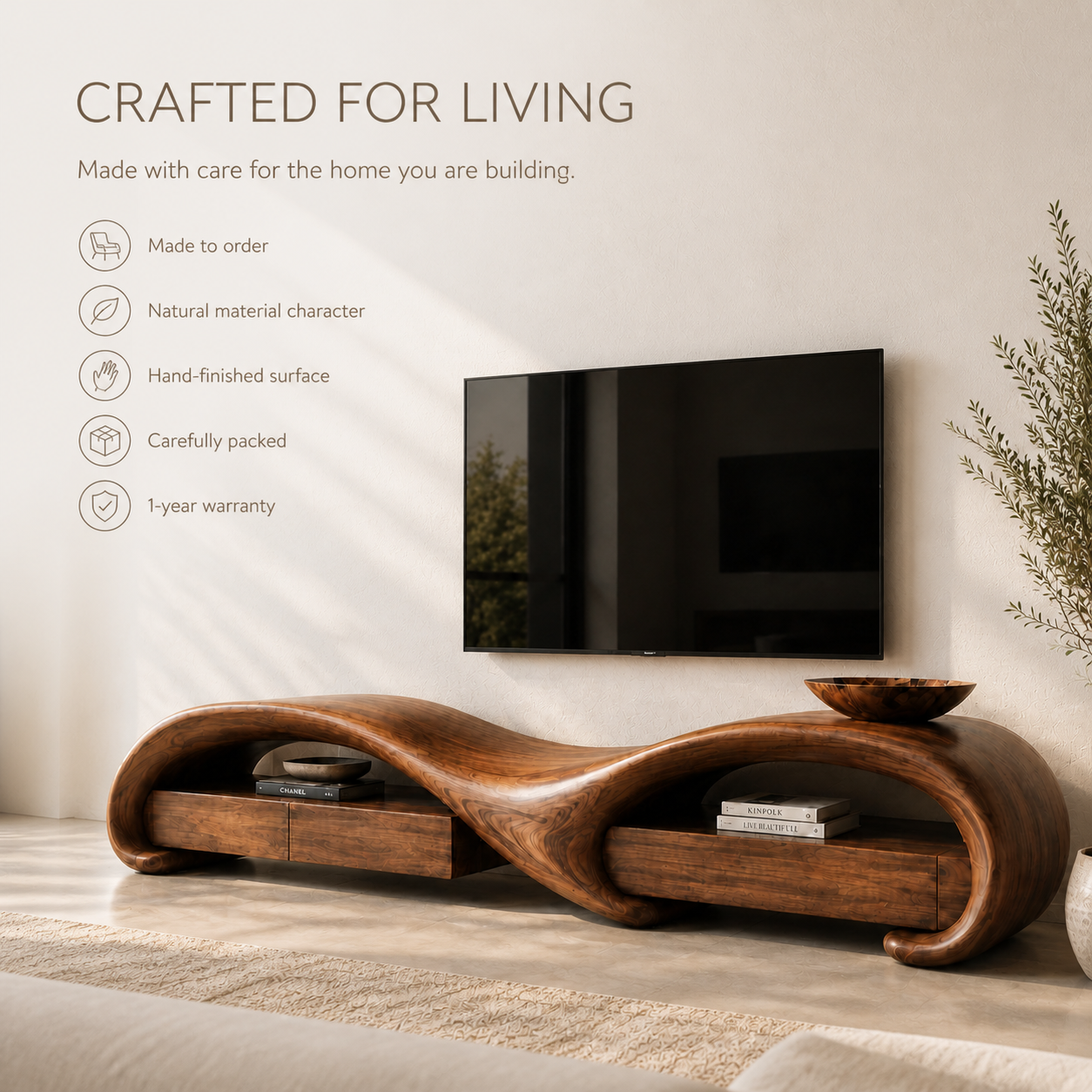 Rowan Sculptural Solid Wood TV Stand - Design 004 - TV stand detail and styling view 08