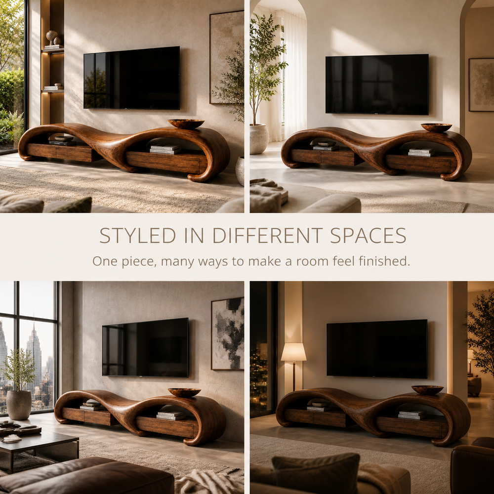 Rowan Sculptural Solid Wood TV Stand - Design 004 - TV stand detail and styling view 09