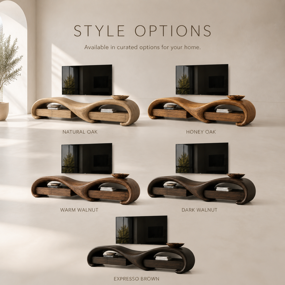 Rowan Sculptural Solid Wood TV Stand - Design 004 - TV stand detail and styling view 10