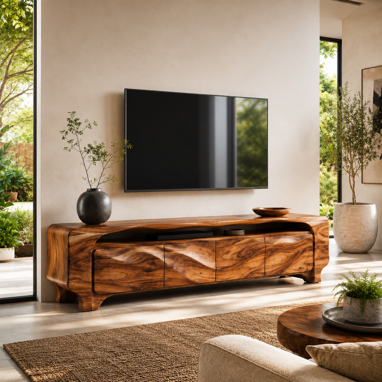 Elara Sculptural Solid Wood TV Stand - Design 005 - premium solid wood TV stand main lifestyle view