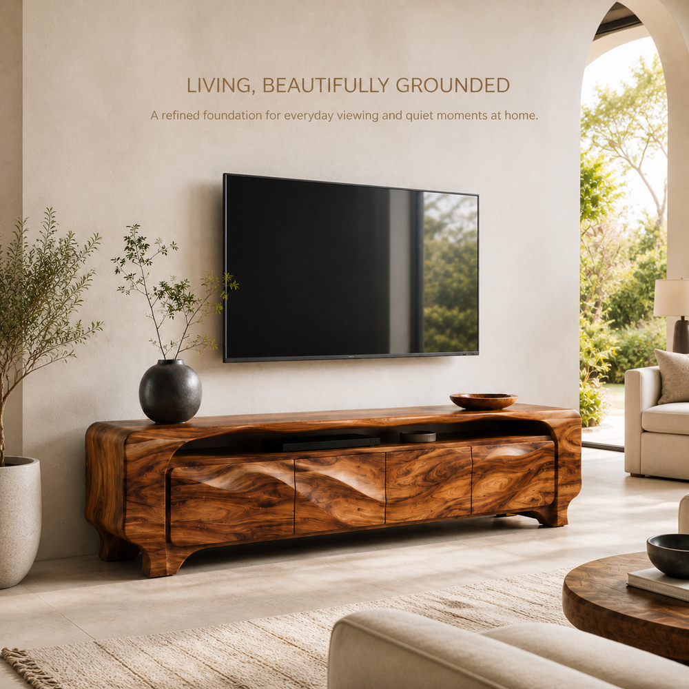 Elara Sculptural Solid Wood TV Stand - Design 005 - TV stand detail and styling view 01