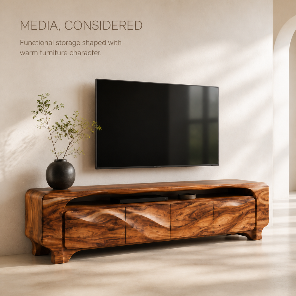 Elara Sculptural Solid Wood TV Stand - Design 005 - TV stand detail and styling view 02