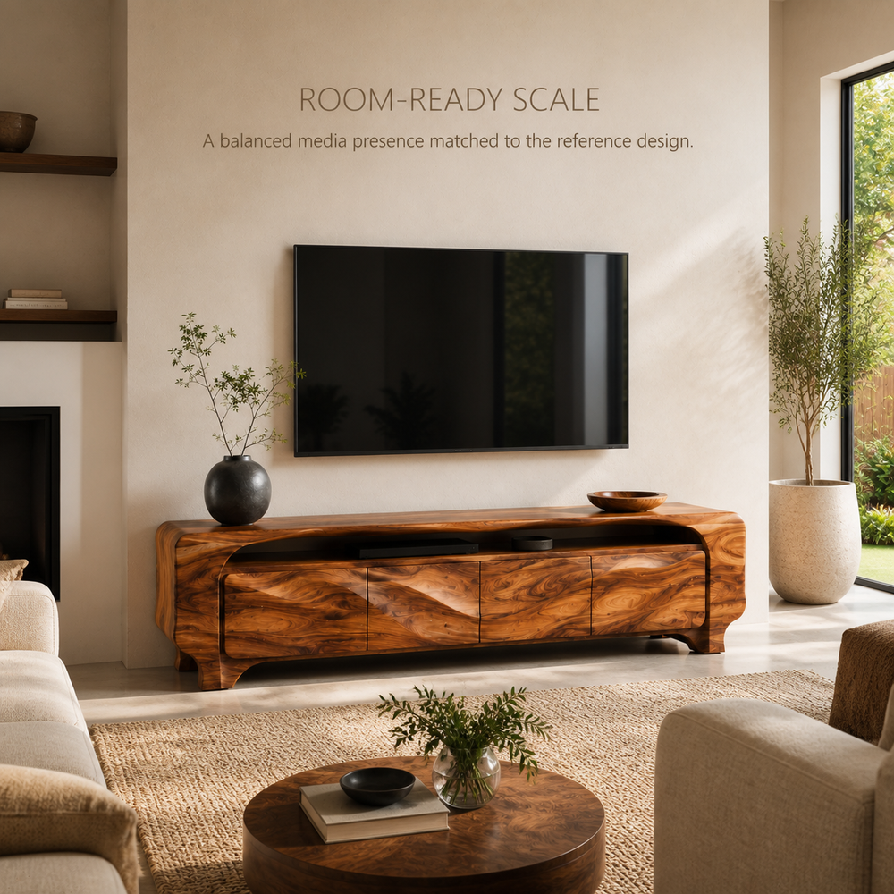 Elara Sculptural Solid Wood TV Stand - Design 005 - TV stand detail and styling view 03