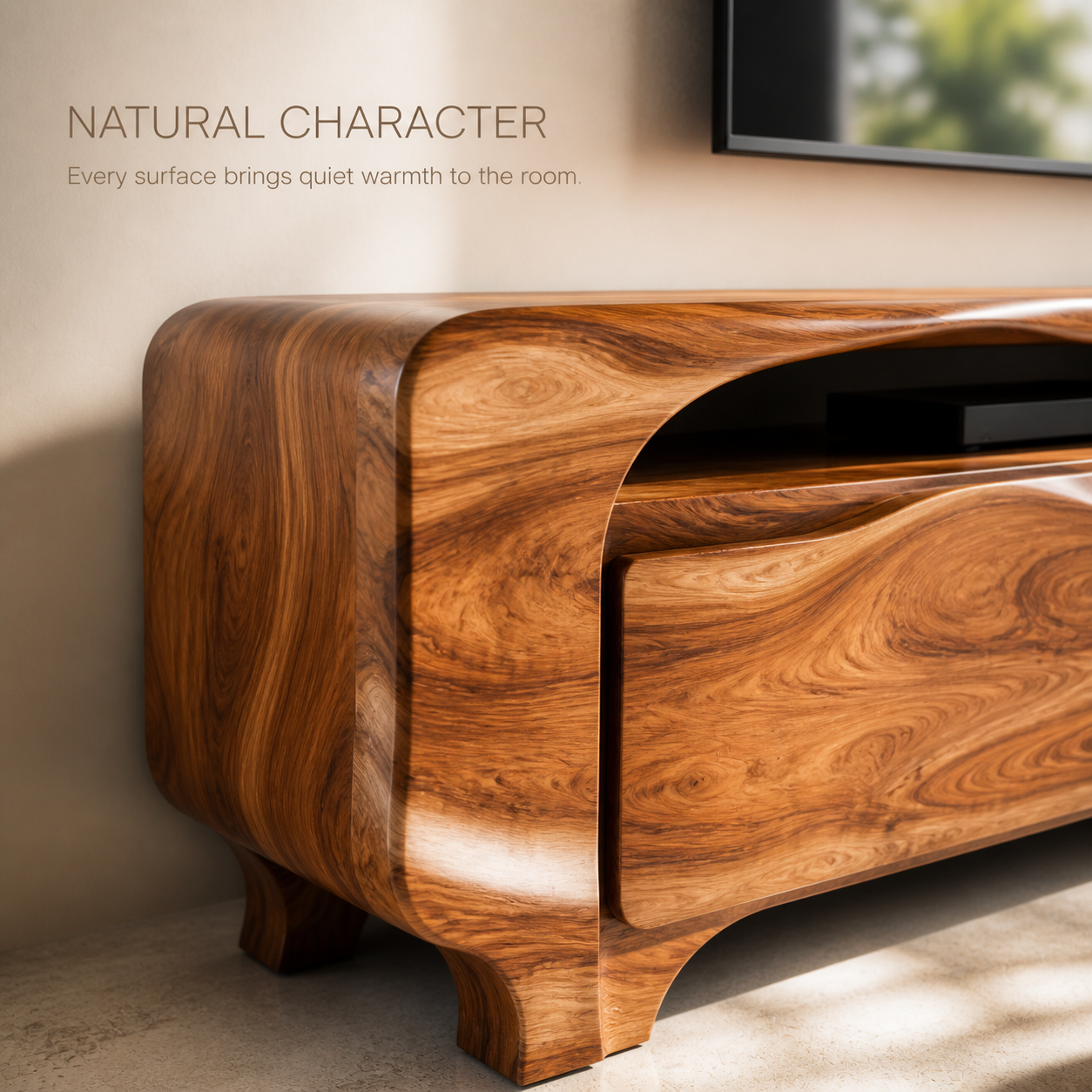 Elara Sculptural Solid Wood TV Stand - Design 005 - TV stand detail and styling view 04