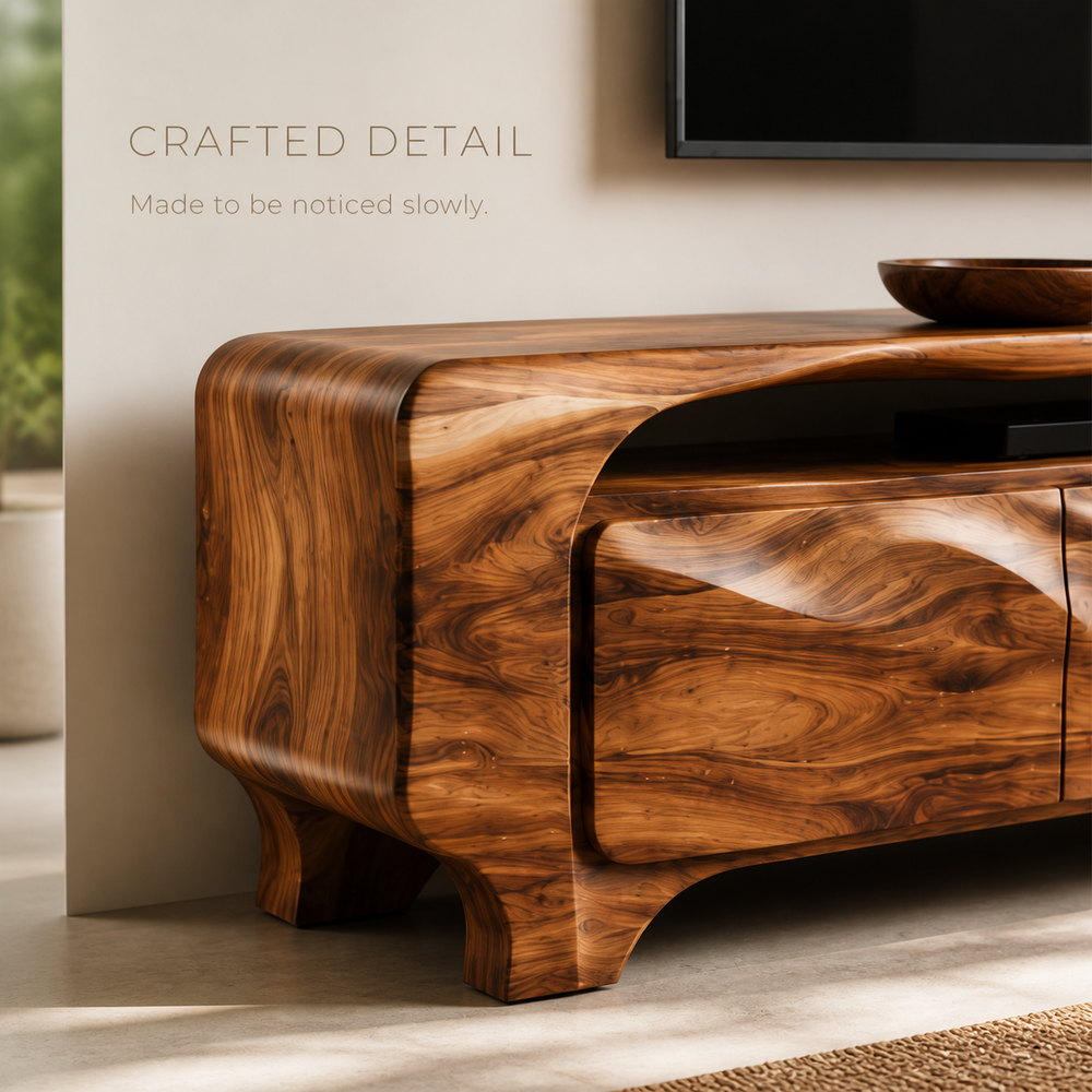 Elara Sculptural Solid Wood TV Stand - Design 005 - TV stand detail and styling view 05