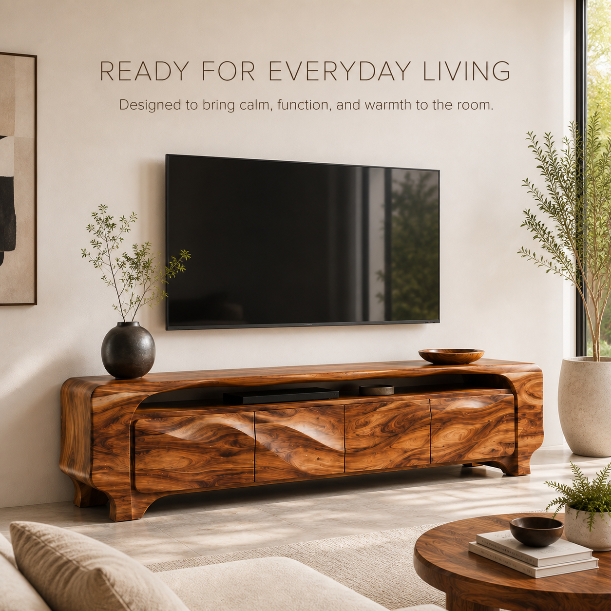 Elara Sculptural Solid Wood TV Stand - Design 005 - TV stand detail and styling view 06