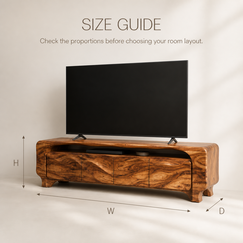 Elara Sculptural Solid Wood TV Stand - Design 005 - TV stand detail and styling view 07