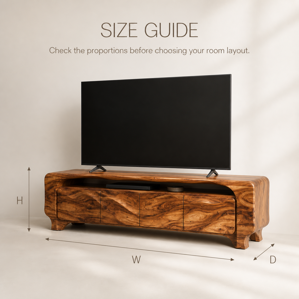 Elara Sculptural Solid Wood TV Stand - Design 005 - TV stand detail and styling view 07