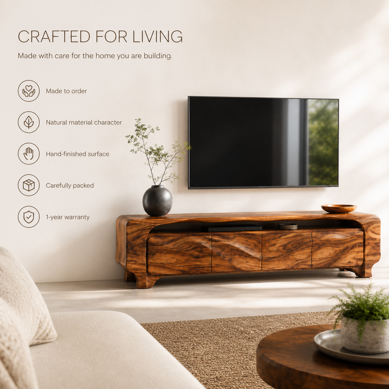 Elara Sculptural Solid Wood TV Stand - Design 005 - TV stand detail and styling view 08