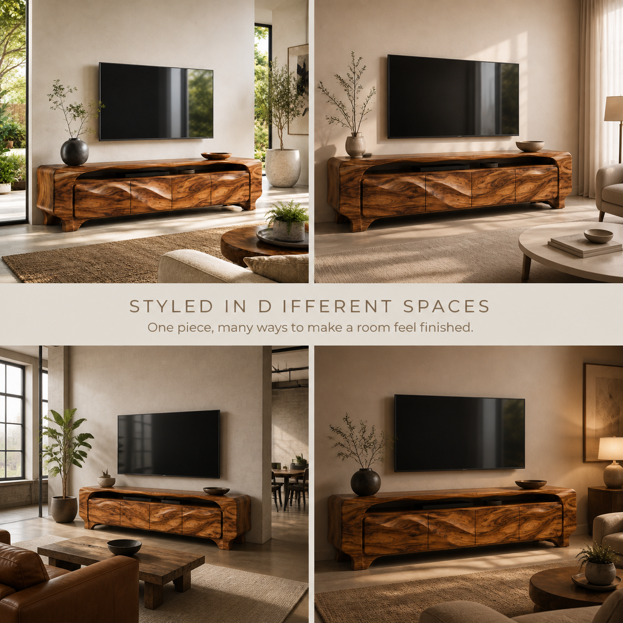 Elara Sculptural Solid Wood TV Stand - Design 005 - TV stand detail and styling view 09