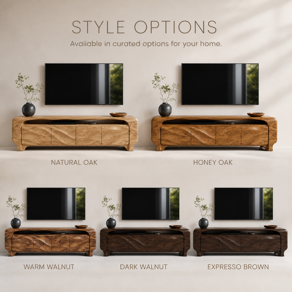 Elara Sculptural Solid Wood TV Stand - Design 005 - TV stand detail and styling view 10