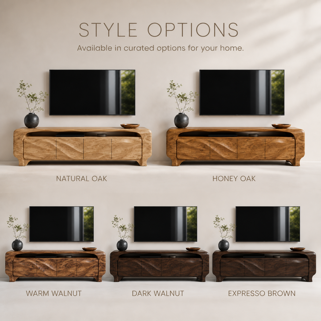 Elara Sculptural Solid Wood TV Stand - Design 005 - TV stand detail and styling view 10