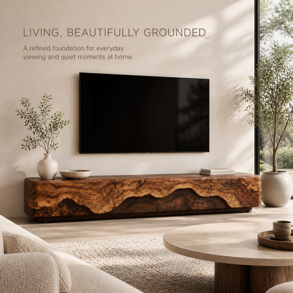 Veyra Sculptural Solid Wood TV Stand - Design 006 - TV stand detail and styling view 01