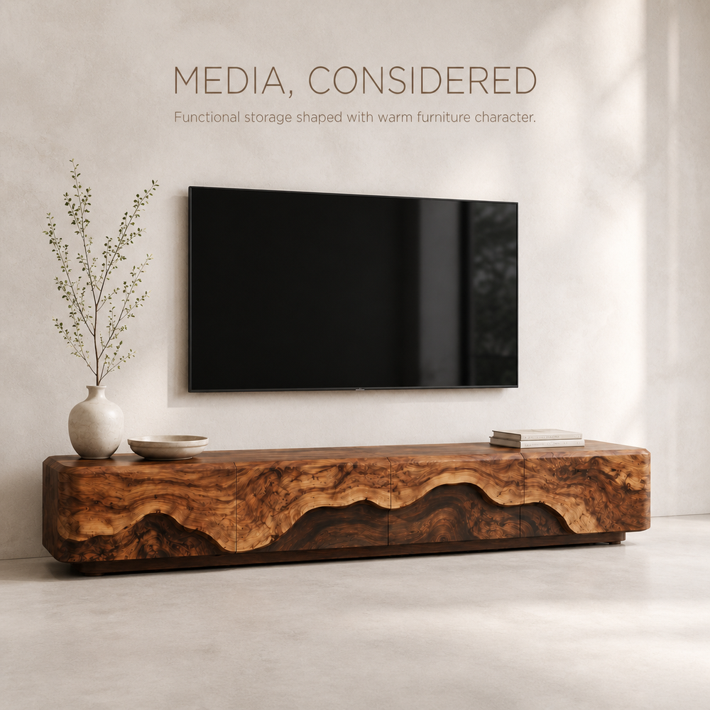 Veyra Sculptural Solid Wood TV Stand - Design 006 - TV stand detail and styling view 02
