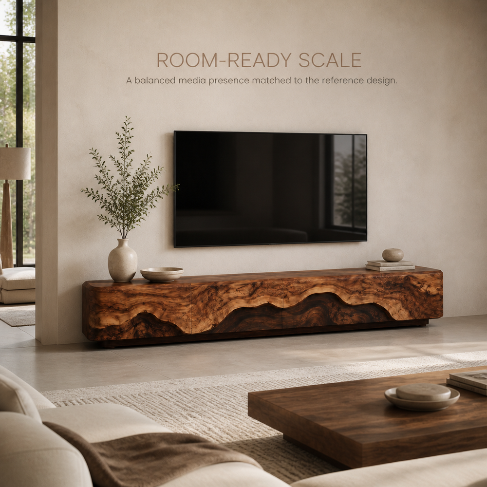 Veyra Sculptural Solid Wood TV Stand - Design 006 - TV stand detail and styling view 03