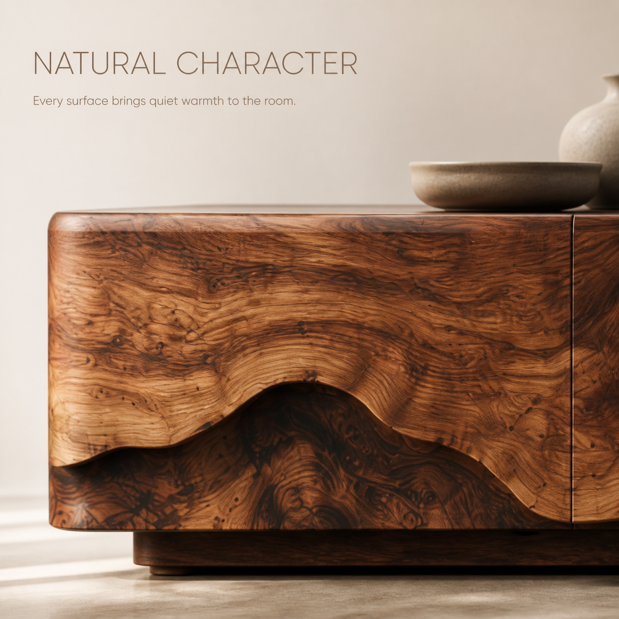 Veyra Sculptural Solid Wood TV Stand - Design 006 - TV stand detail and styling view 04