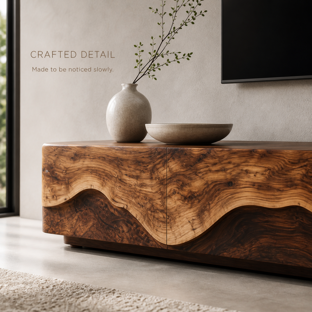 Veyra Sculptural Solid Wood TV Stand - Design 006 - TV stand detail and styling view 05
