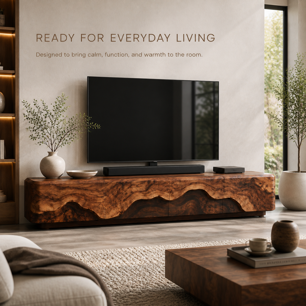 Veyra Sculptural Solid Wood TV Stand - Design 006 - TV stand detail and styling view 06