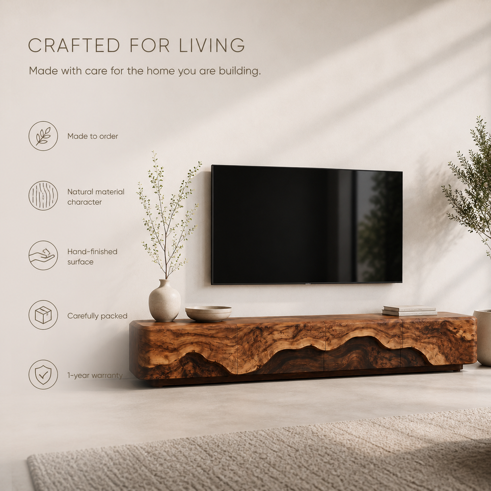 Veyra Sculptural Solid Wood TV Stand - Design 006 - TV stand detail and styling view 08