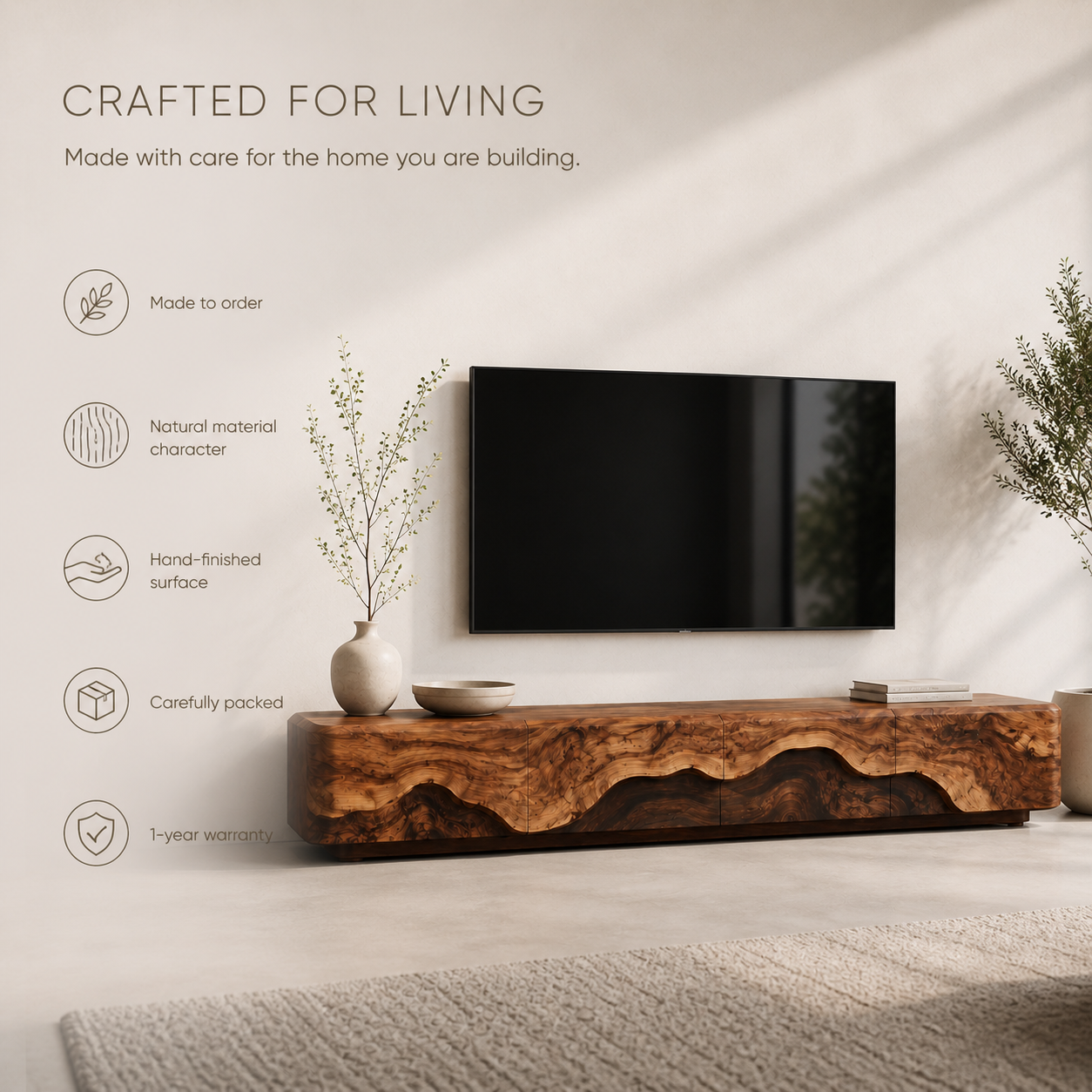Veyra Sculptural Solid Wood TV Stand - Design 006 - TV stand detail and styling view 08