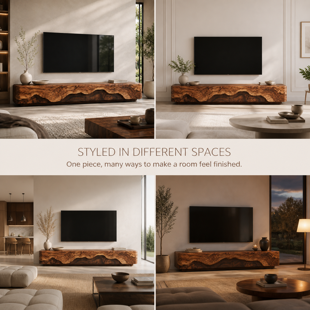 Veyra Sculptural Solid Wood TV Stand - Design 006 - TV stand detail and styling view 09